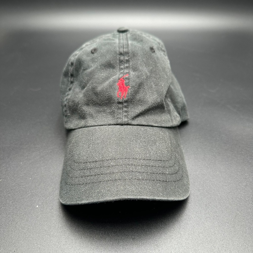 Ralph Lauren Polo Hat Cap Strap Back Black Adjustable  Red Logo Mens